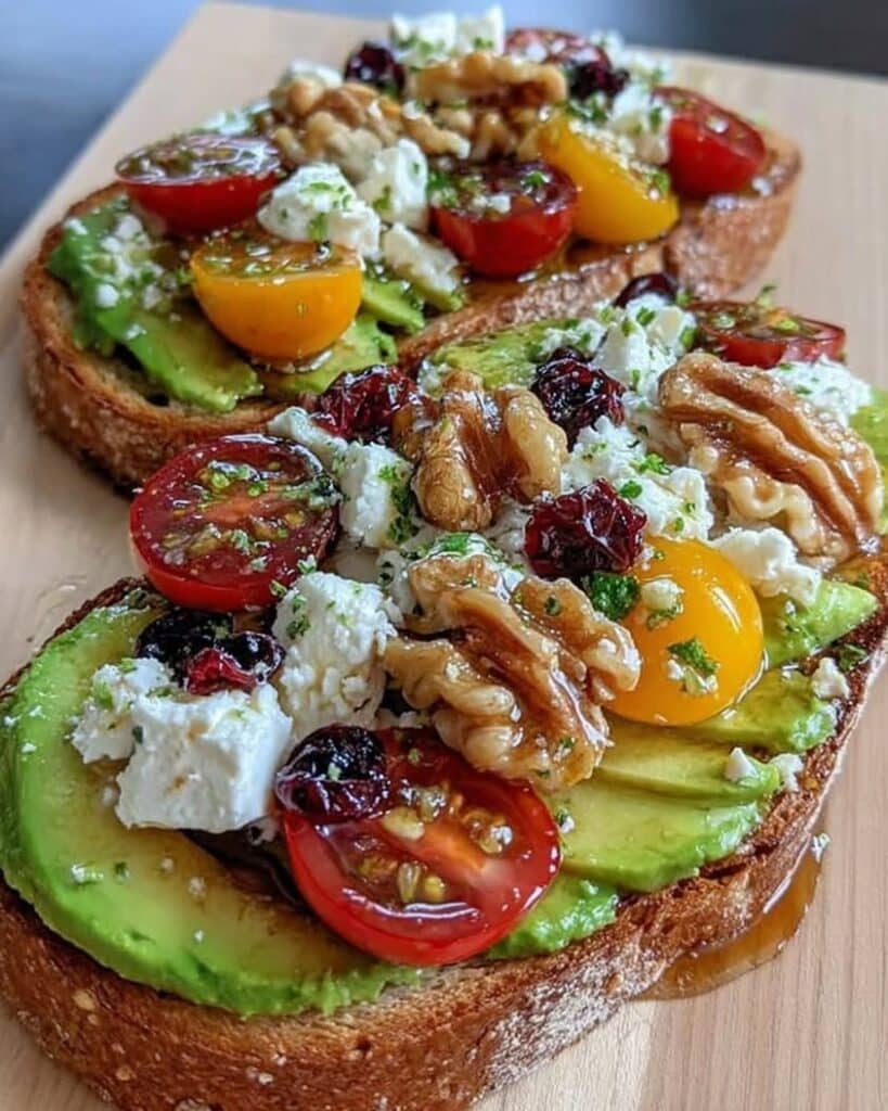 Avocado Toast with Feta Cherry Tomatoes Cranberries and Walnuts