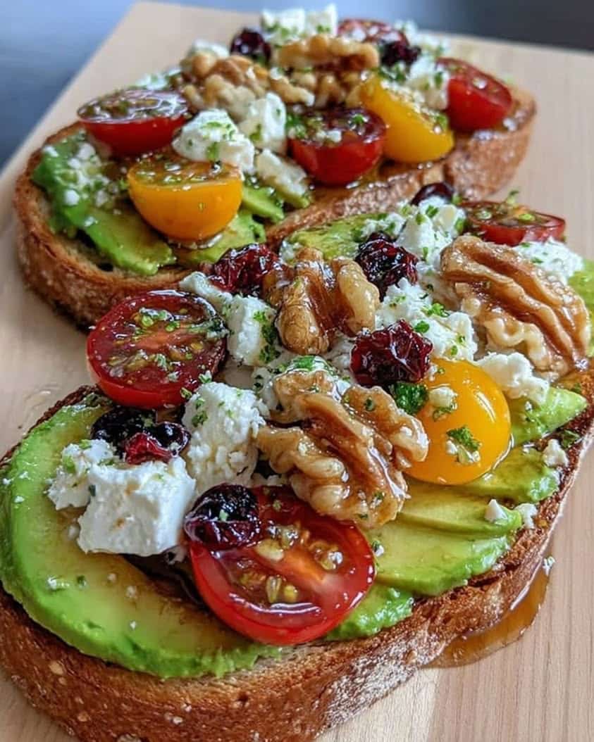Avocado Toast with Feta Cherry Tomatoes Cranberries and Walnuts