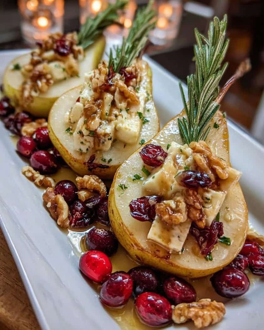 Baked Pears with Brie Walnuts and Cranberries
