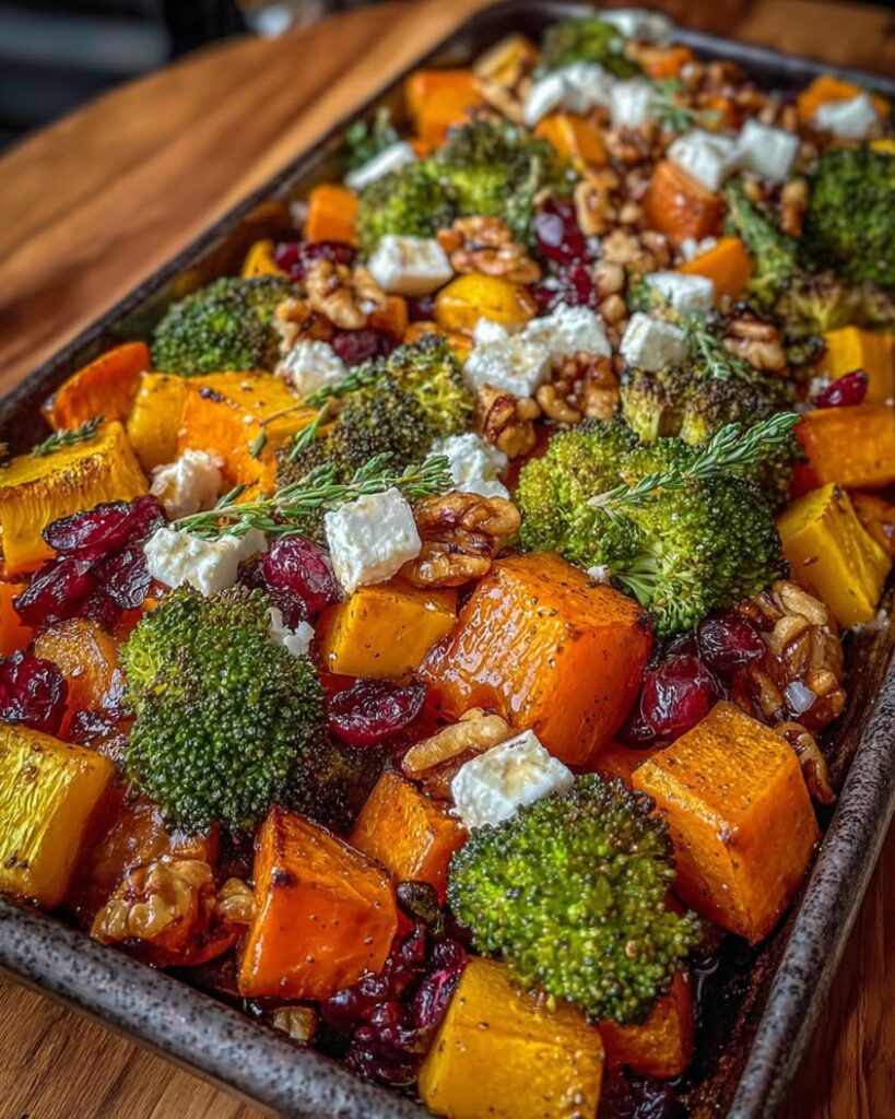 Caramelized Butternut Squash Carrots Broccoli Sweet Potato with Feta Walnuts Cranberry Honey Glaze