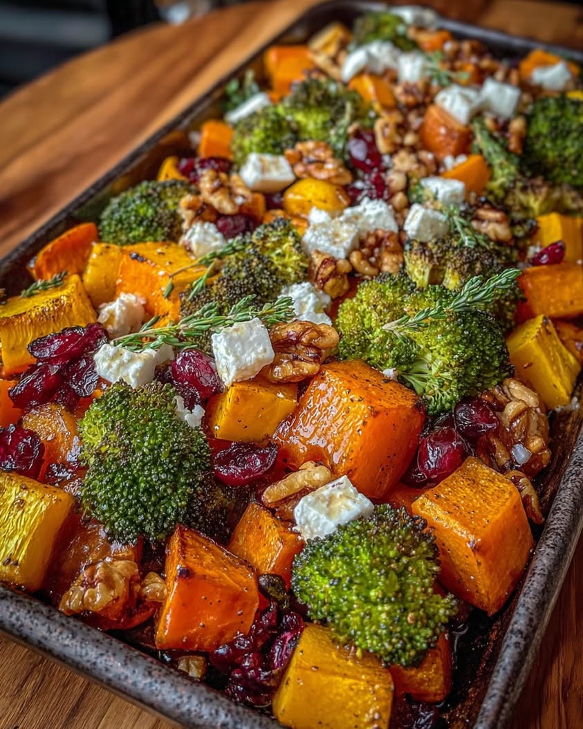 Caramelized Butternut Squash Carrots Broccoli Sweet Potato with Feta Walnuts Cranberry Honey Glaze