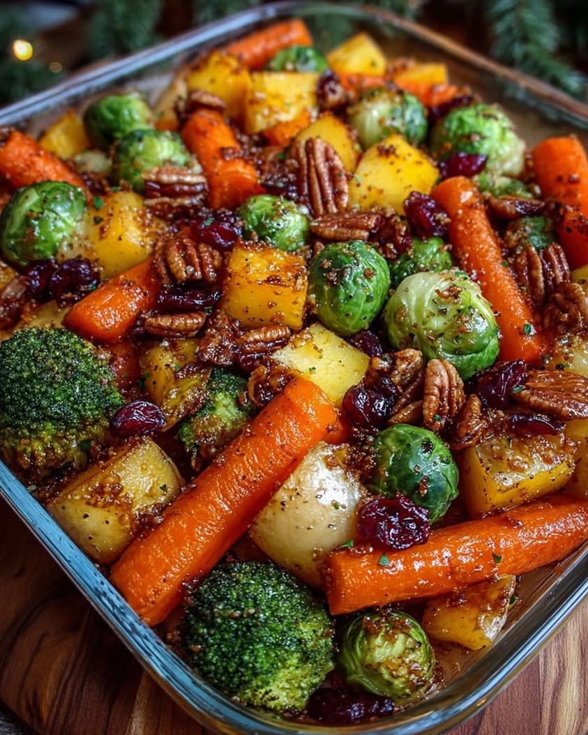 Roasted Harvest Vegetables with Feta, Pecans & Honey Glaze 8 Caramelized Butternut Squash Carrots Broccoli Yukon Potatoes with Feta Pecans Cranberry Honey Glaze
