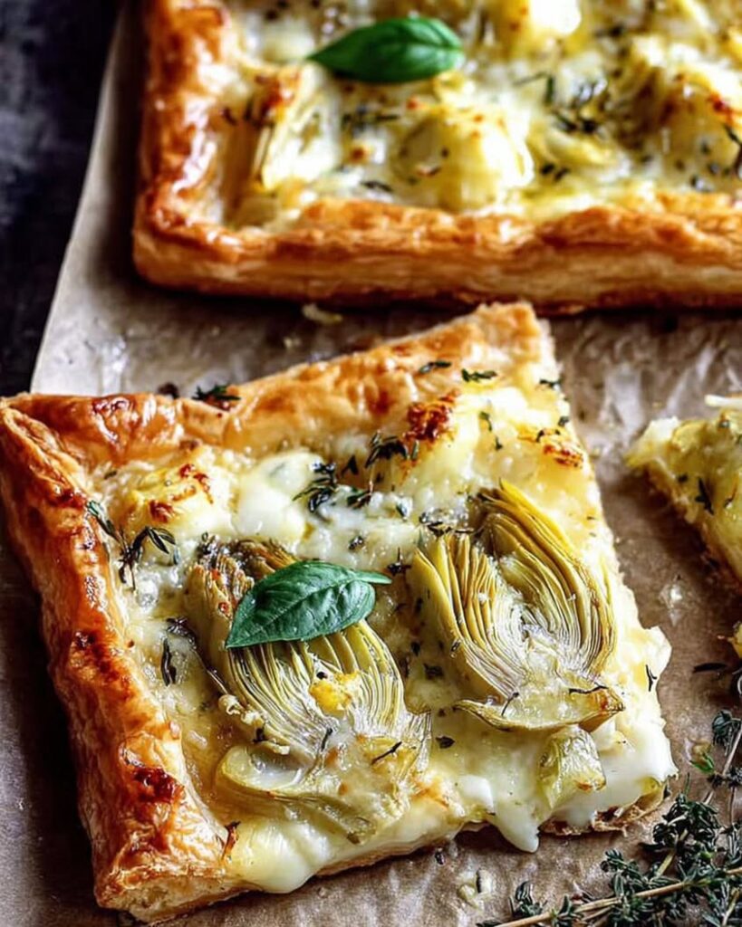 Cheesy Puff Pastry with Artichokes and Herbs
