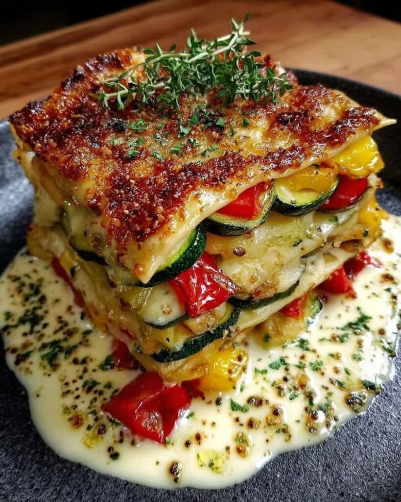 Golden Layered Mediterranean Vegetable Lasagna with Creamy Garlic Herb Cheese Drizzle