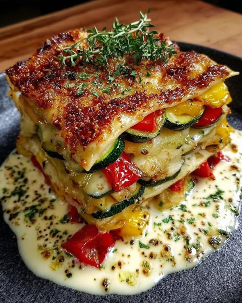 Golden Layered Mediterranean Vegetable Lasagna with Creamy Herb Drizzle 1 Golden Layered Mediterranean Vegetable Lasagna with Creamy Garlic Herb Cheese Drizzle