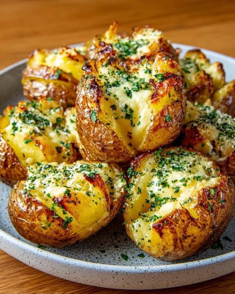 Golden Smashed Potatoes with Warm Brie Fondue Garlic Herb Oil 1