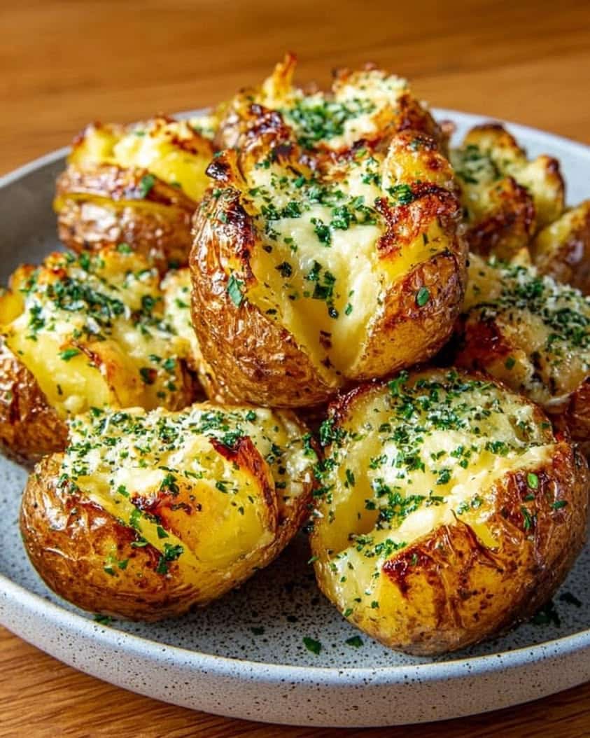 Golden Smashed Potatoes with Warm Brie Fondue Garlic Herb Oil 1