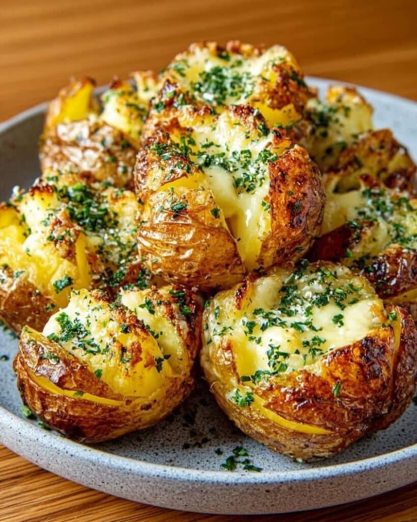 Golden Smashed Potatoes with Warm Brie Fondue Garlic Herb Oil