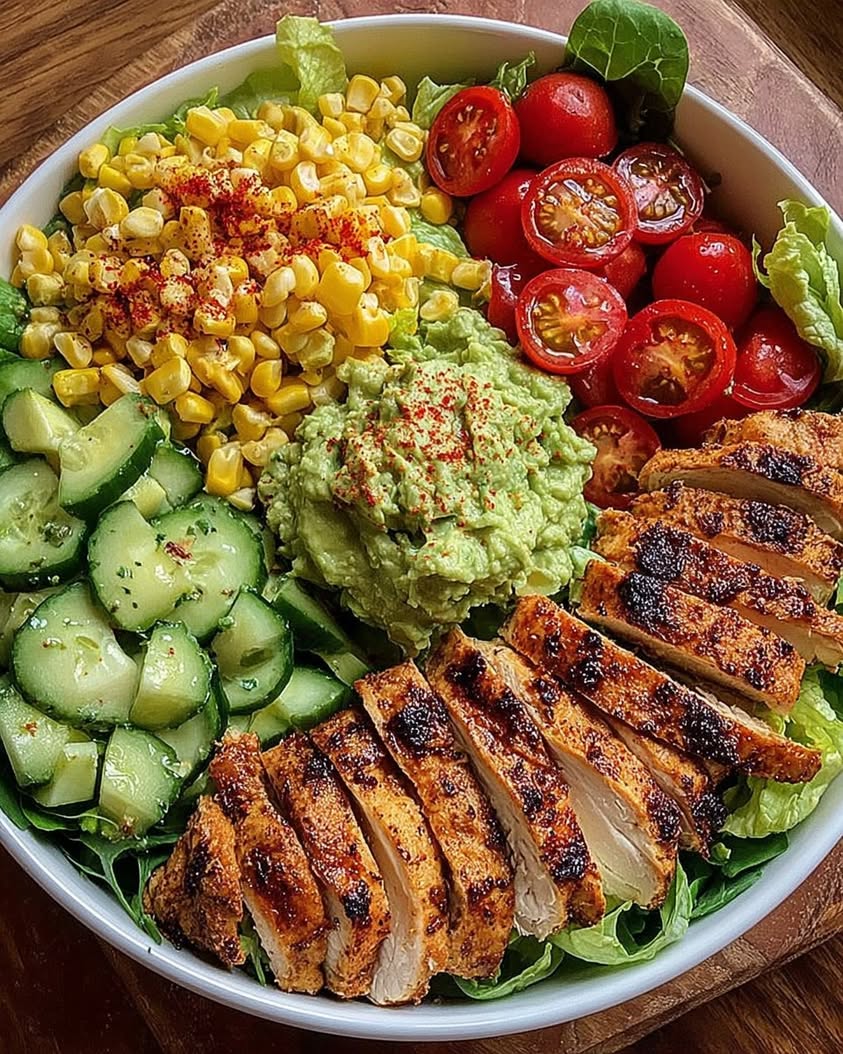 Grilled Chicken Burrito Bowl with Guacamole Corn Fresh Veggies