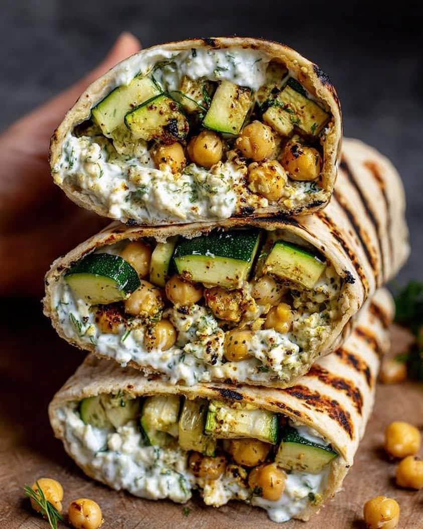 Grilled Zucchini Feta Chickpea Wrap with Herbed Yogurt