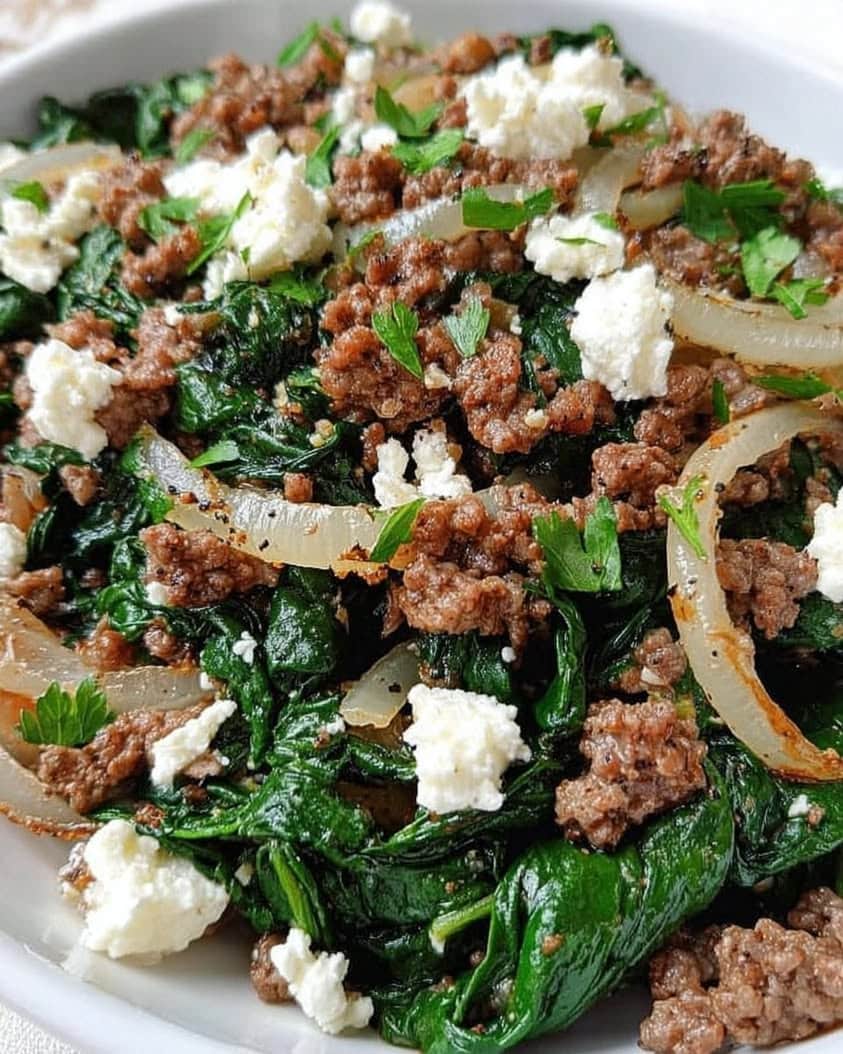 One-Pan Ground Beef and Spinach Skillet with Creamy Feta 1 Ground Beef and Spinach Skillet with Feta