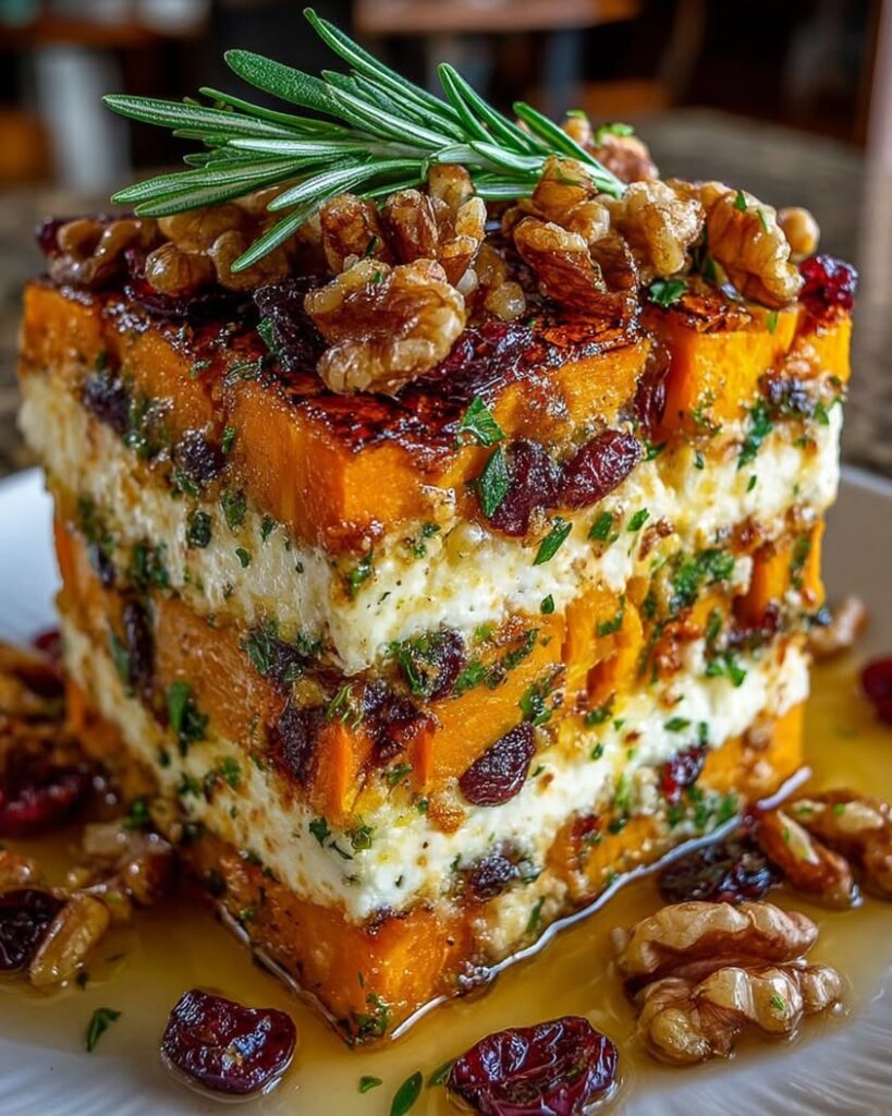 Layered Sweet Potato Butternut Squash Carrot Lasagna with Feta Walnuts and Cranberry Honey Glaze 1