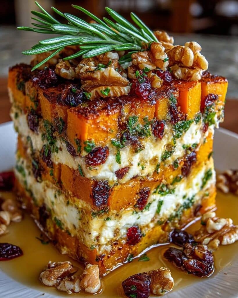Layered Sweet Potato Butternut Squash Carrot Lasagna with Feta Walnuts and Cranberry Honey Glaze