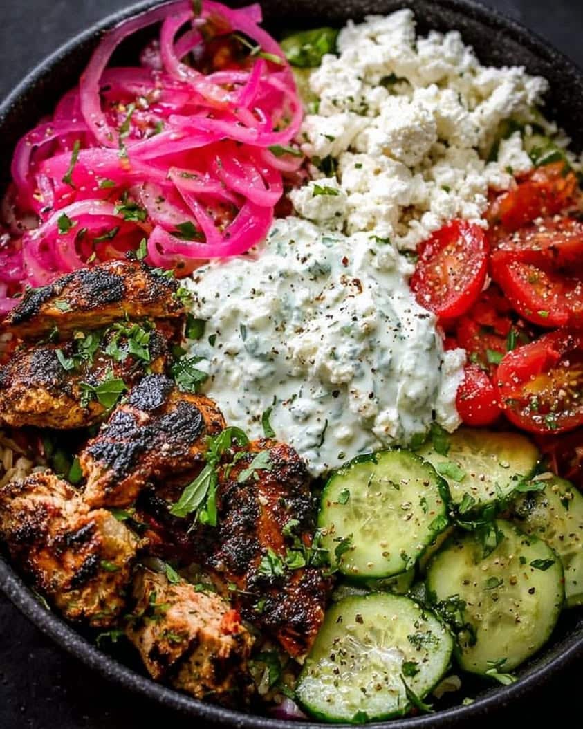 Loaded Mediterranean Chicken Power Bowl Recipe with Tzatziki & Feta 1 Loaded Mediterranean Chicken Power Bowl with Tzatziki Feta 1