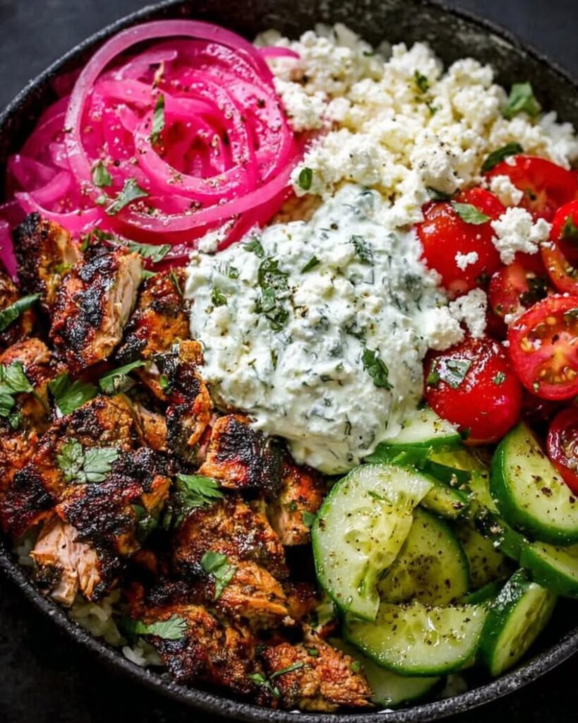 Loaded Mediterranean Chicken Power Bowl with Tzatziki Feta