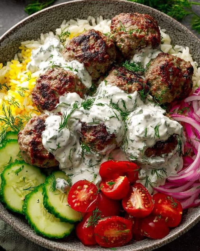 Mediterranean Meatball Rice Bowl with Tzatziki Fresh Veggies 1