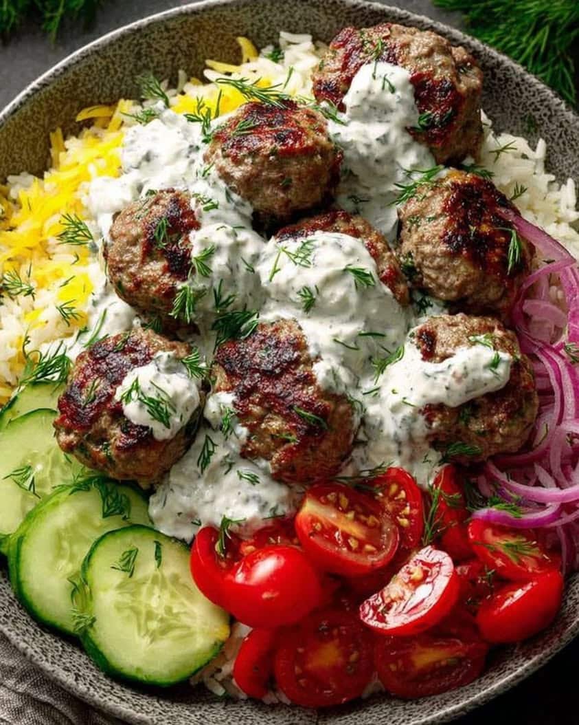 Mediterranean Meatball Rice Bowl with Tzatziki Fresh Veggies