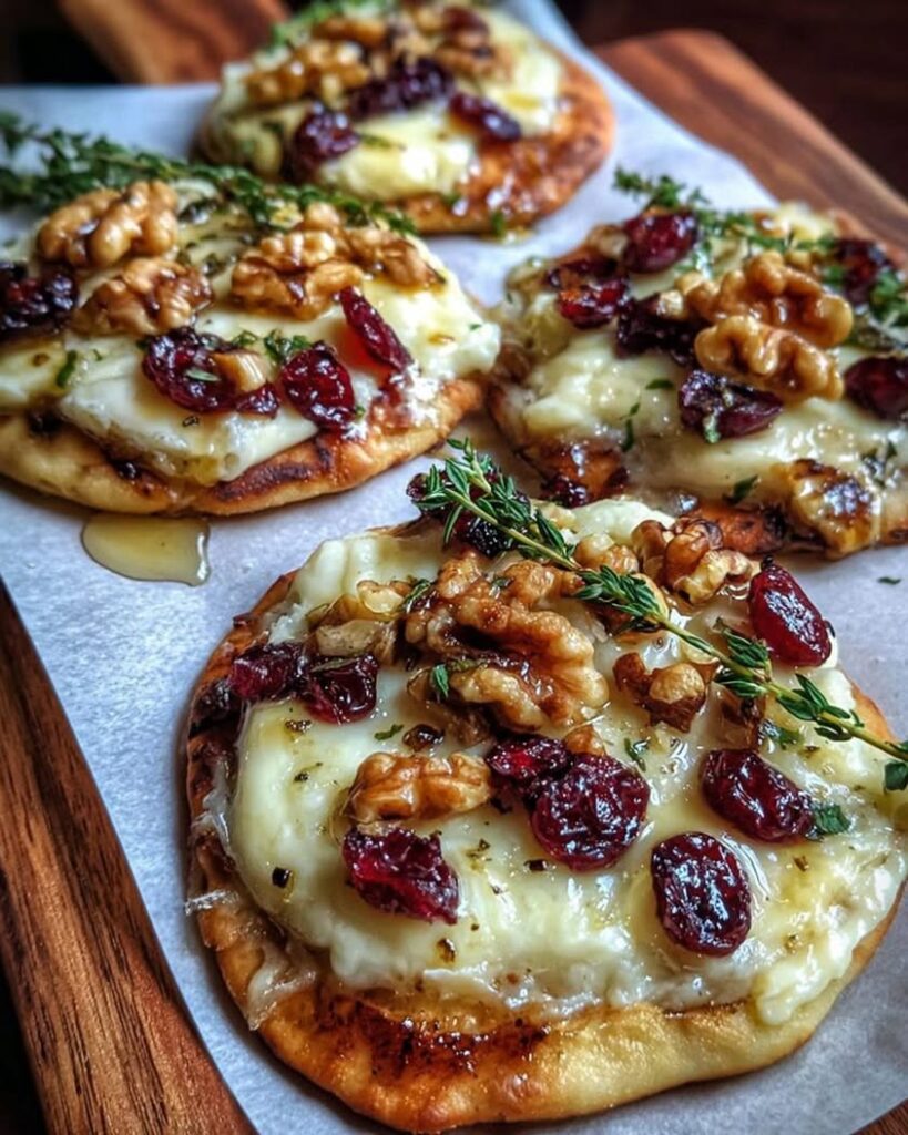 Mini Pizza with Brie Cranberries Toasted Walnuts with a Hot Honey Drizzle