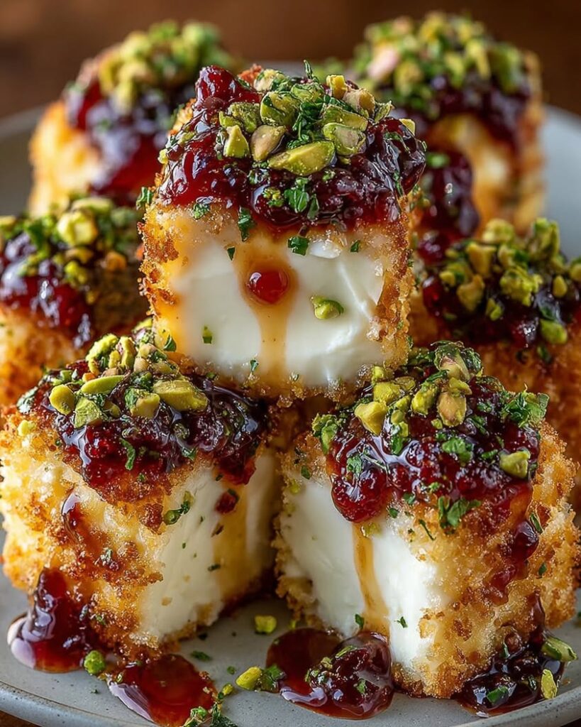 Pistachio Crusted Brie Bites with Raspberry Honey Glaze 1