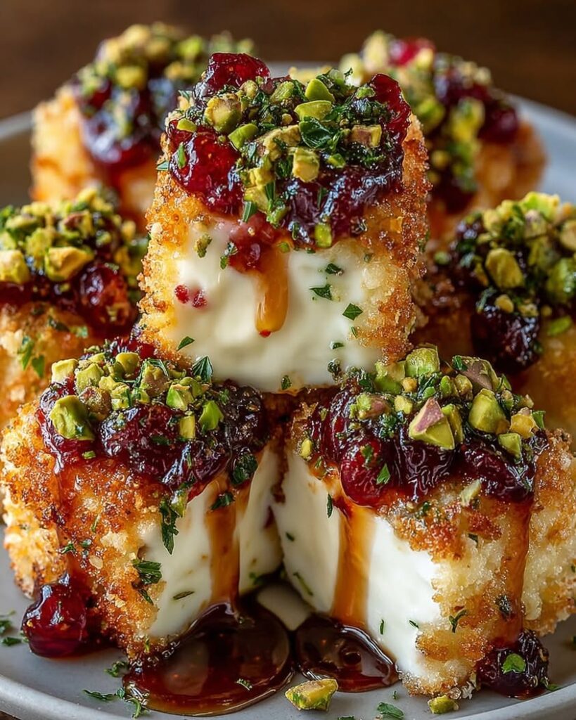 Pistachio Crusted Brie Bites with Raspberry Honey Glaze