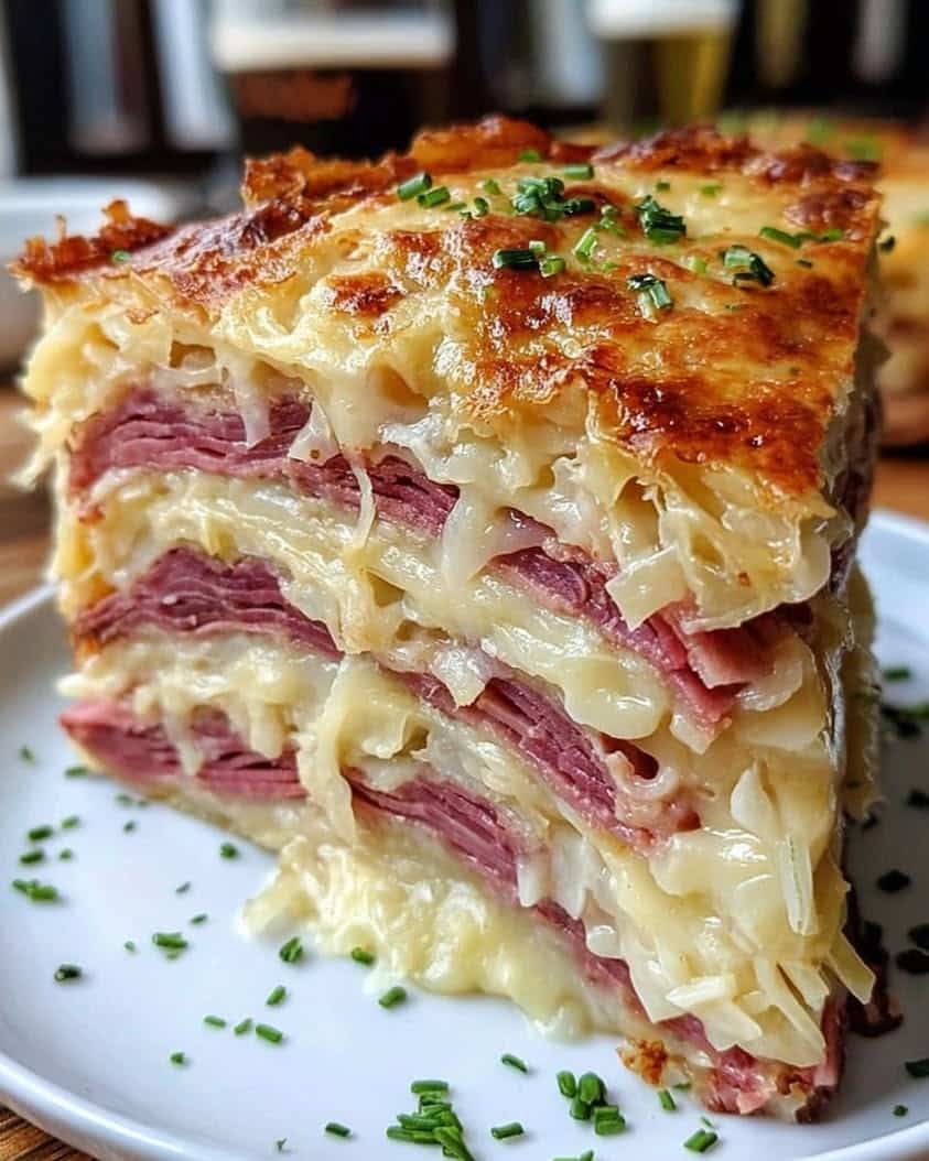 Ultimate Reuben Bake: A Comforting Casserole with Corned Beef and Sauerkraut 4 Reuben Bake with Layers of Corned Beef Sauerkraut and Swiss Cheese