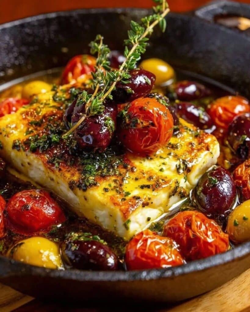 Skillet Baked Feta with Blistered Tomato Olive Lemon Salsa