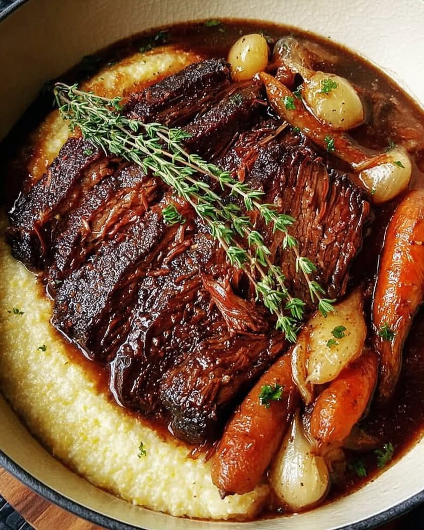 Slow Braised Beef Brisket with Herb Grits