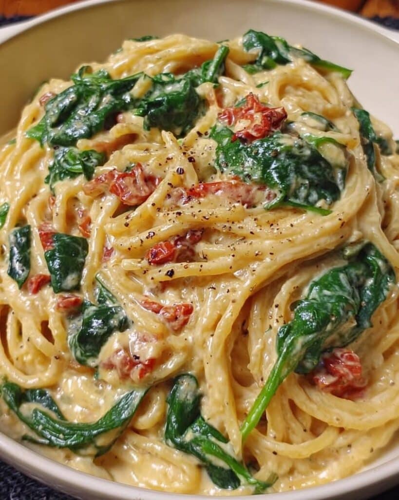 Spaghetti Spinach with Sun Dried Tomato Cream Sauce