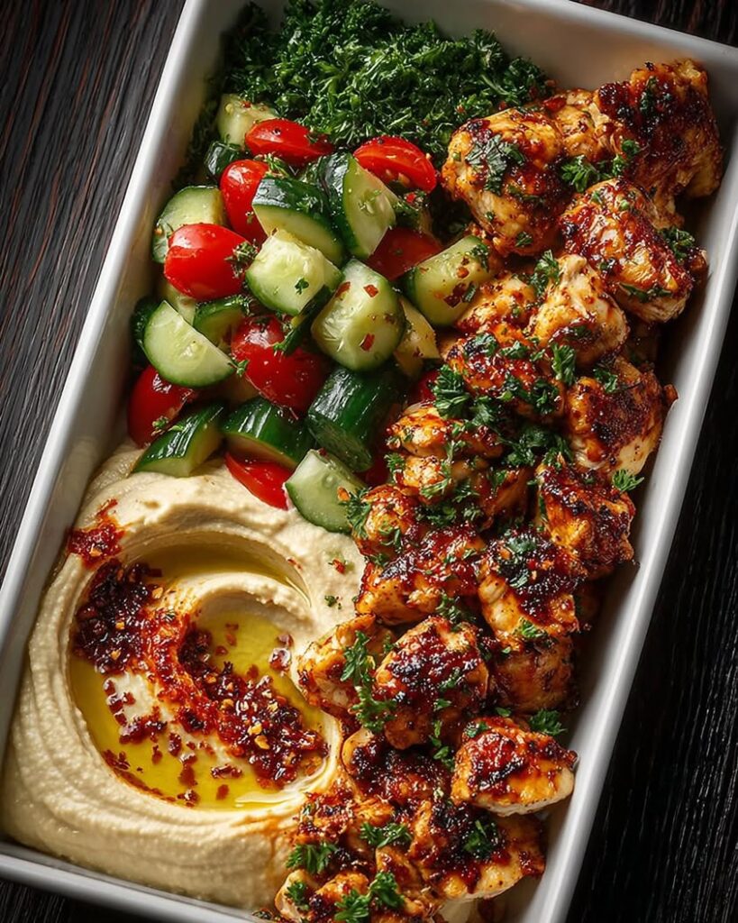 Spicy Garlic Chicken Bowl with Hummus Cucumber Salad