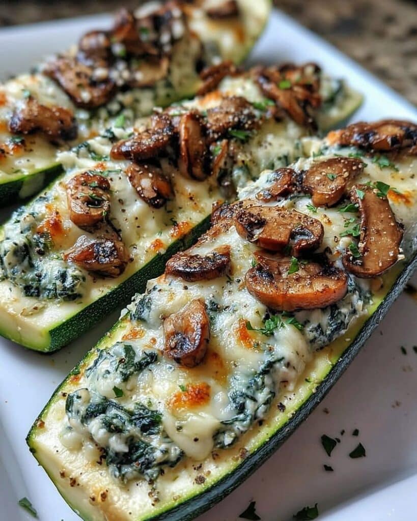Spinach Mushroom and Ricotta Stuffed Zucchini Boats