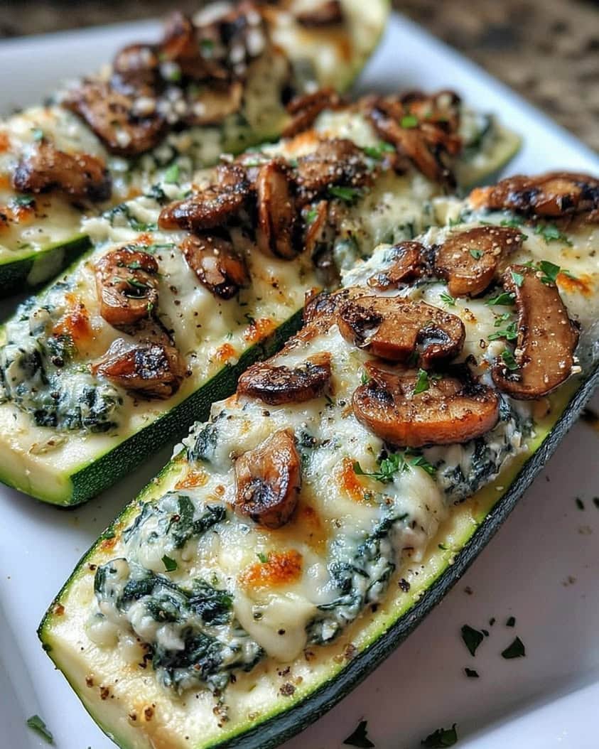 Spinach Mushroom and Ricotta Stuffed Zucchini Boats