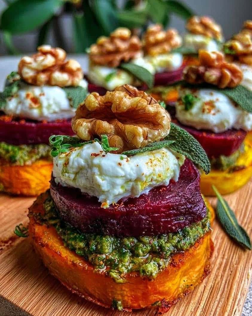 Sweet Potato Beet Stacks with Pesto Burrata Walnuts