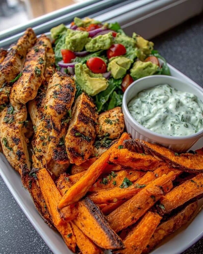 Ultimate Grilled Chicken Sweet Potato Bowl with Avocado Salsa Herbed Yogurt Dip
