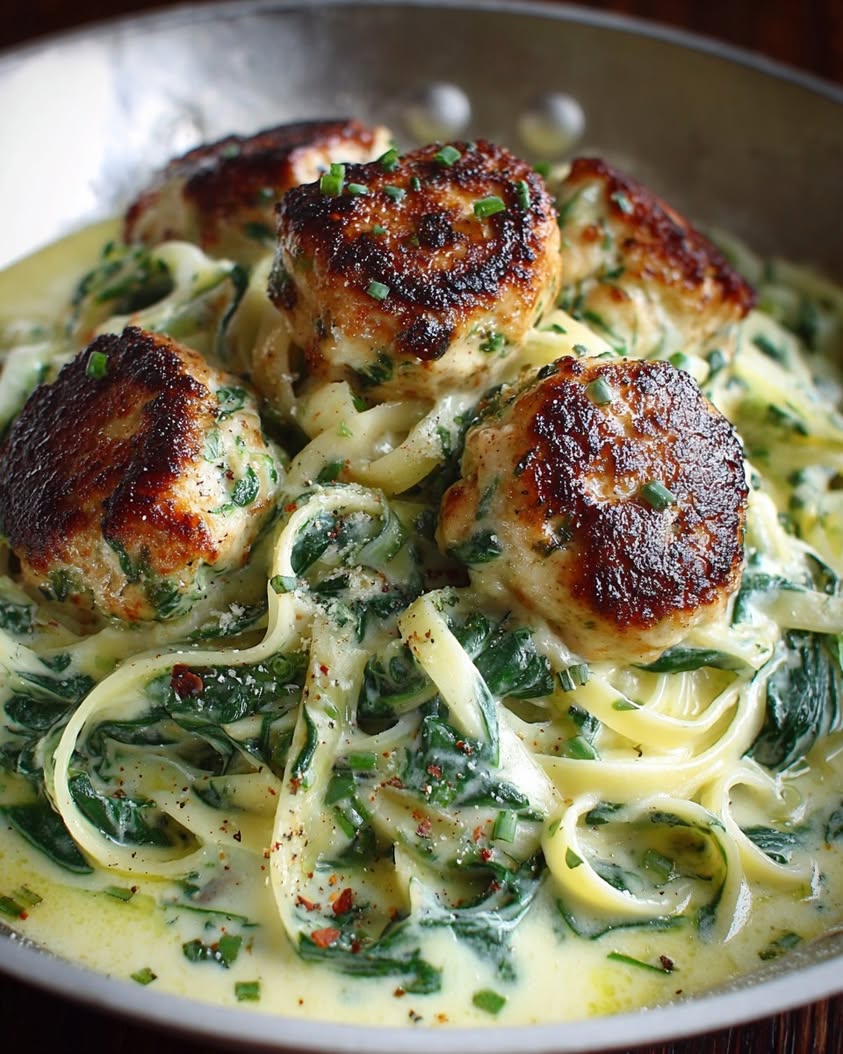 Delicious Chicken Ricotta Meatballs in creamy Spinach Alfredo! Healthy, flavorful & easy dinner. 2 chicken ricotta meatballs spinach
