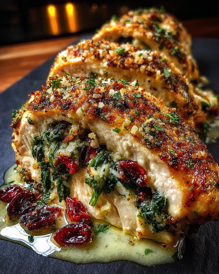 Parmesan, cranberry & spinach elevate these juicy stuffed chicken breasts! Easy, healthy dinner tonight! 5 cranberry spinach stuffed chicken