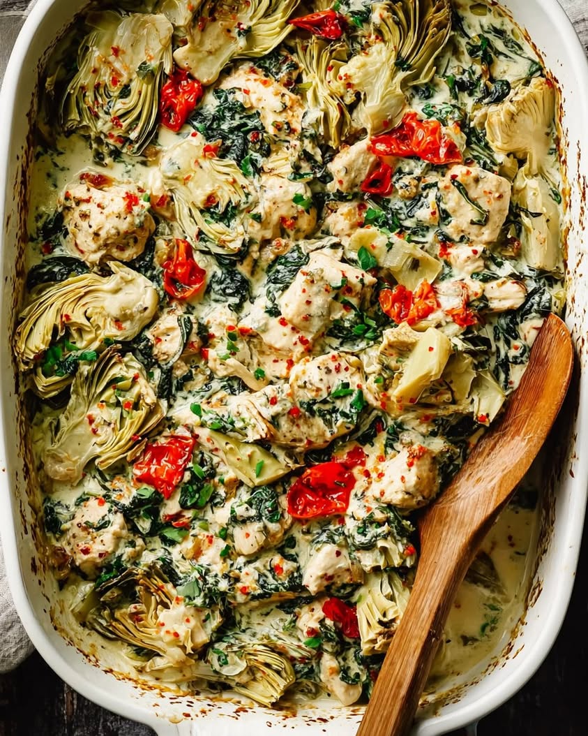 Zesty, creamy, and easy! This Lemon Spinach Artichoke Chicken Bake is your new weeknight favorite. Healthy & flavorful! 7 creamy lemon chicken bake