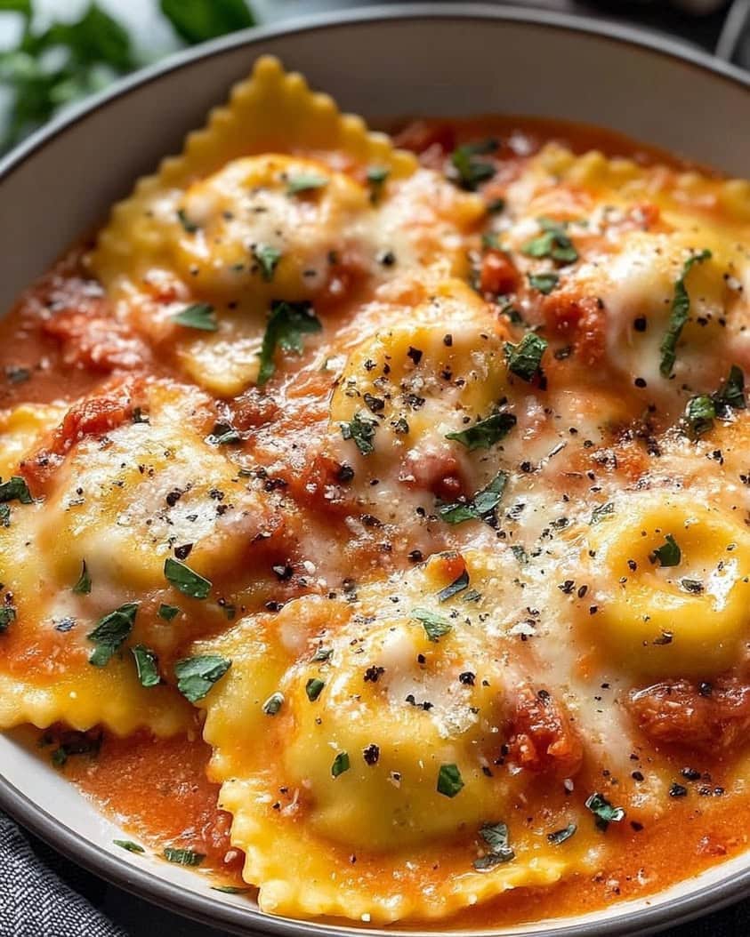 Creamy Tomato Parmesan Ravioli: Easy, comforting dinner! Ricotta-filled pasta in a rich tomato-parmesan sauce. 🍝 3 creamy tomato parmesan ravioli