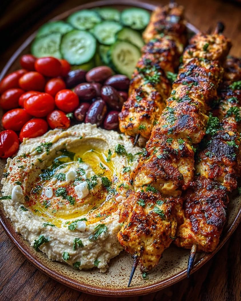 Mediterranean Chicken Skewers: Juicy chicken, vibrant veggies & creamy hummus. Easy, healthy & flavorful! 10 mediterranean chicken skewers hummus