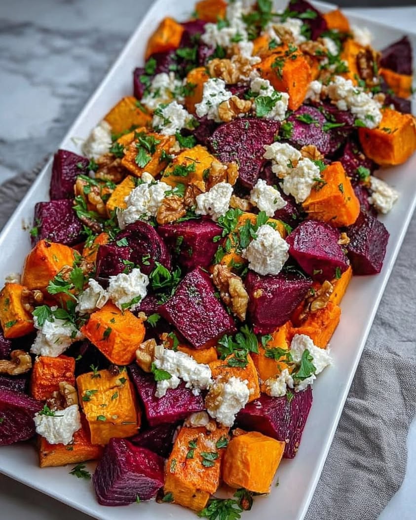 Vibrant Roasted Beet & Sweet Potato Salad! 💪 Flavorful, healthy, & easy with feta, walnuts & creamy yogurt dressing. 2 roasted beet sweet potato salad
