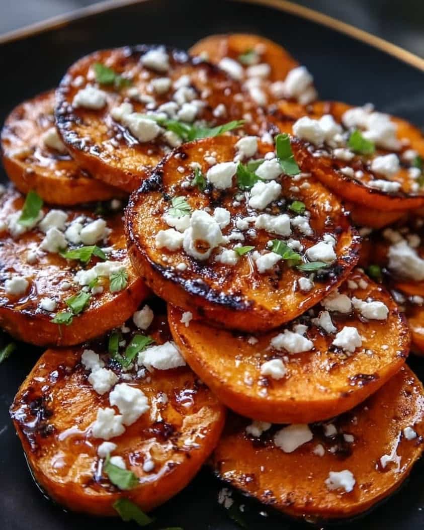 Sweet & savory Roasted Sweet Potatoes with Honey & Feta! Easy, healthy side dish or appetizer. 9 roasted sweet potato rounds