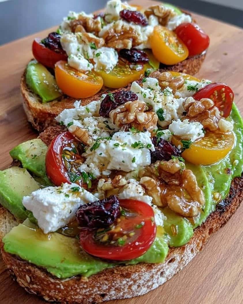 Avocado Toast with Feta, Tomatoes, Cranberries, and Walnuts 8 Avocado Toast with Feta Cherry Tomatoes Cranberries and Walnuts 1