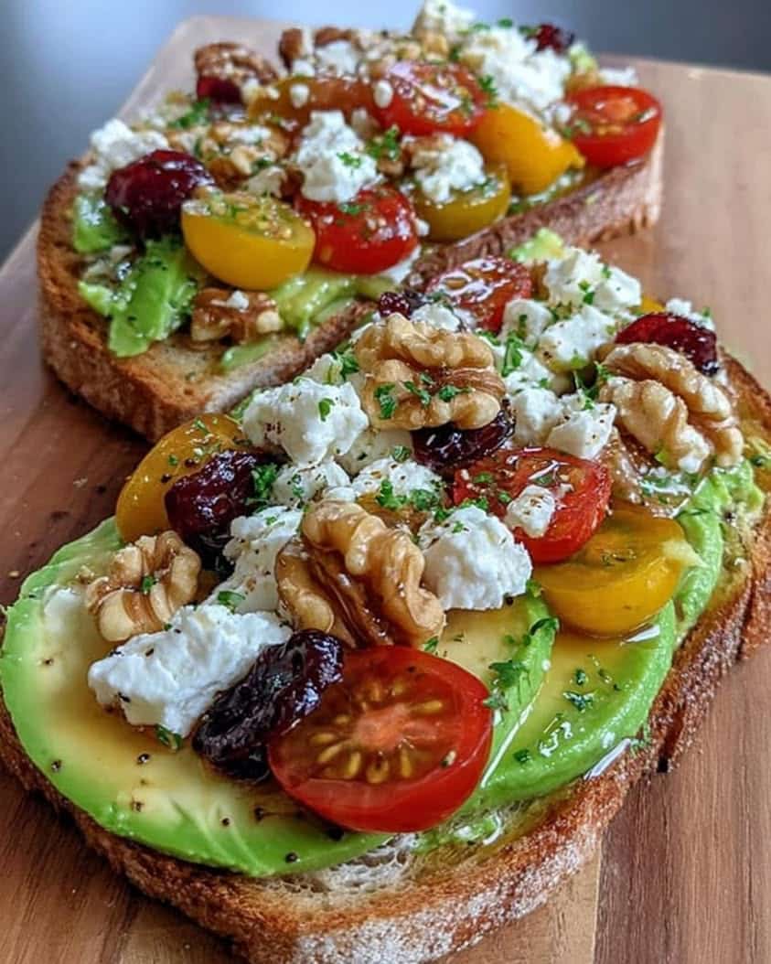 Avocado Toast with Feta Cherry Tomatoes Cranberries and Walnuts 2