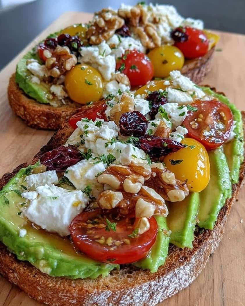 Avocado Toast with Feta Cherry Tomatoes Cranberries and Walnuts