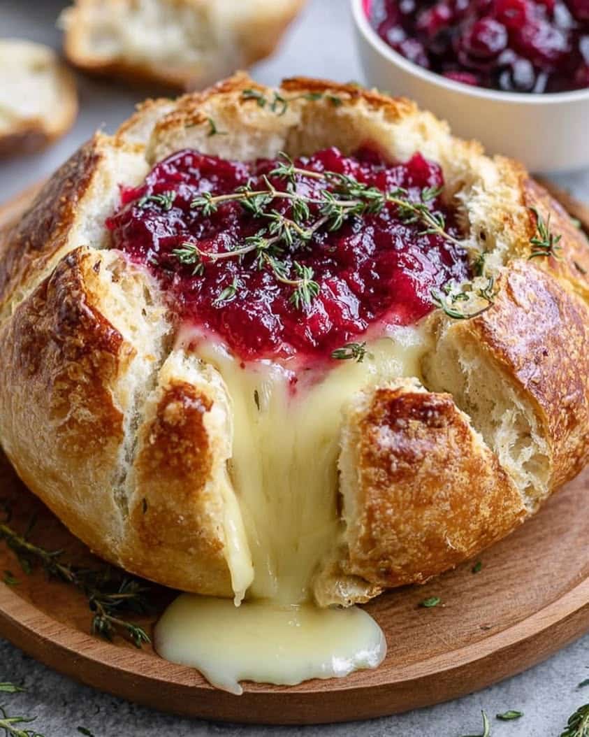 Easy Baked Brie in a Bread Bowl with Cranberry Thyme Sauce 9 Baked Brie in Bread Bowl with Cranberry Sauce and Thyme
