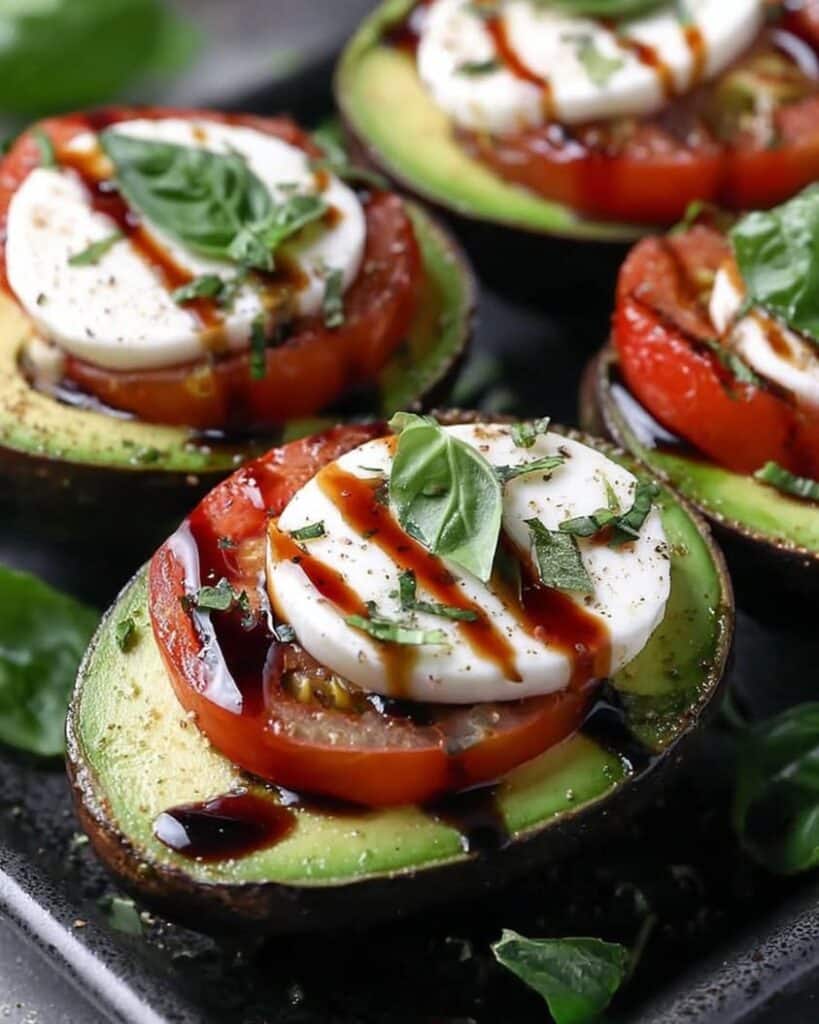 Caprese Stuffed Avocados Creamy Avocado Boats with Fresh Mozzarella Tomatoes Balsamic Drizzle