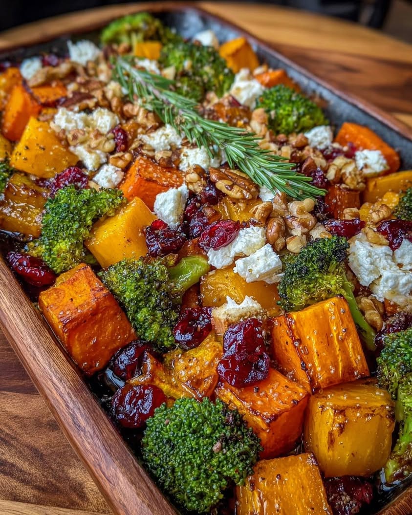 Caramelized Butternut Squash Carrots Broccoli Sweet Potato with Feta Walnuts Cranberry Honey Glaze
