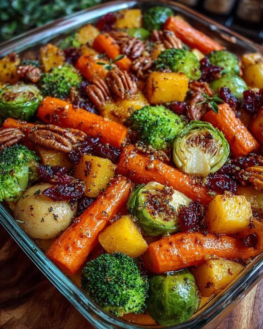 Caramelized Butternut Squash Carrots Broccoli Yukon Potatoes with Feta Pecans Cranberry Honey Glaze