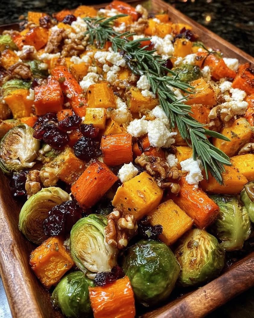 Roasted Harvest Vegetables with Feta, Walnuts & Honey Glaze 5 Caramelized Butternut Squash Carrots Brussels Sprouts Sweet Potato with Feta Walnuts Cranberry Honey Glaze 1