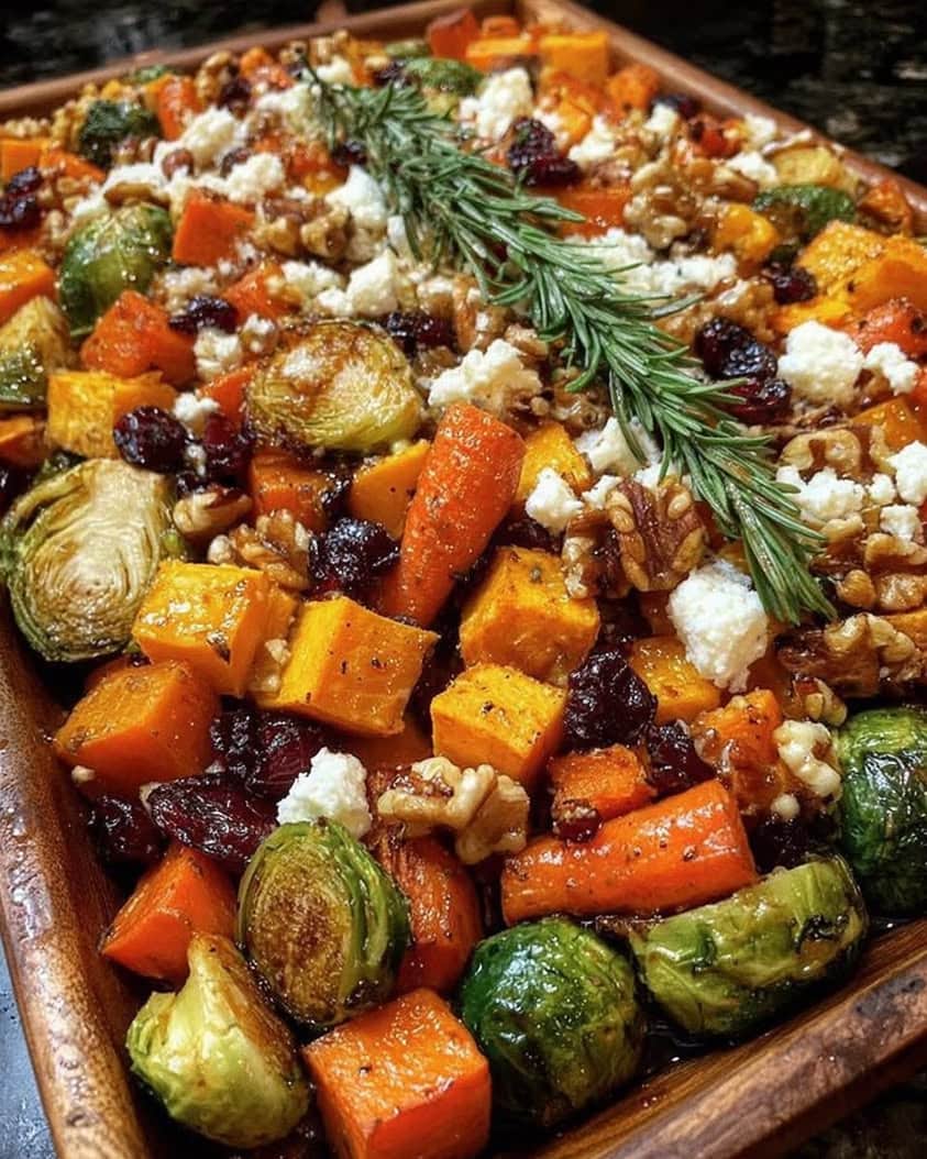 Roasted Harvest Vegetables with Feta, Walnuts & Cranberry Glaze 1 Caramelized Butternut Squash Carrots Brussels Sprouts Sweet Potato with Feta Walnuts Cranberry Honey Glaze