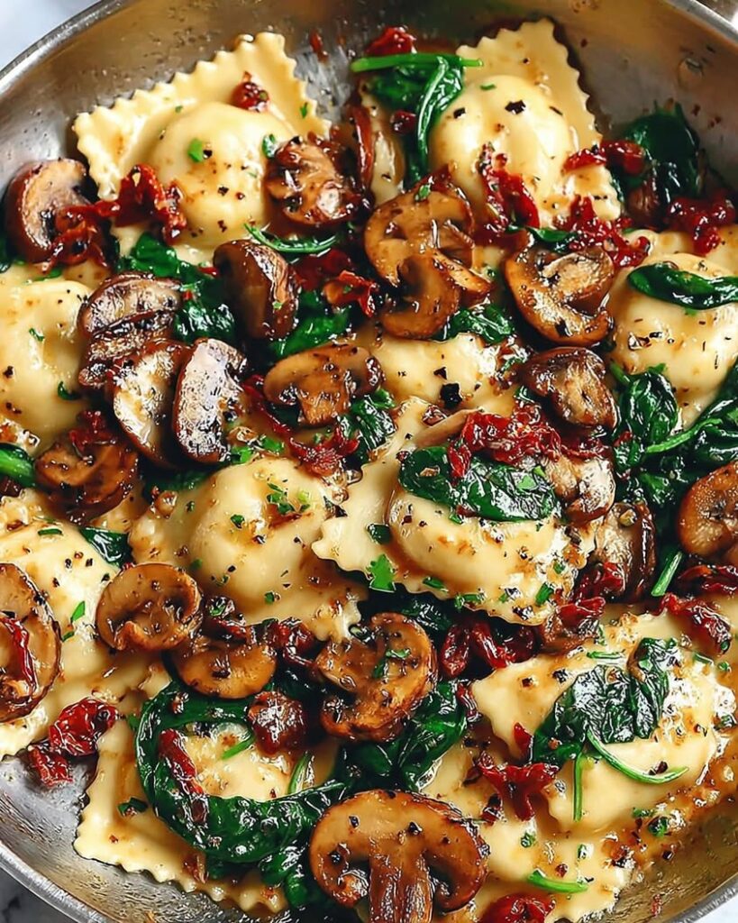 Cheesy Ravioli with Spinach Mushrooms and Sun Dried Tomatoes 1